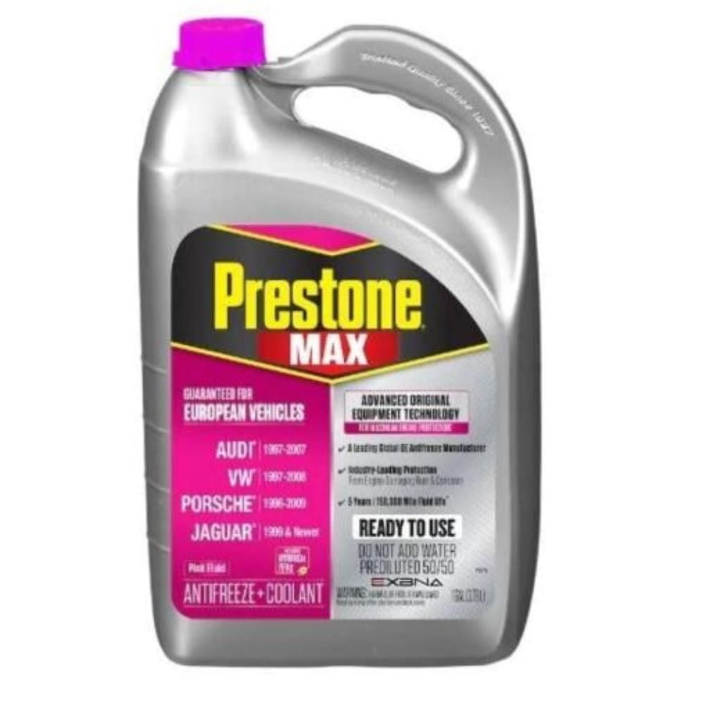 Radiator coolant (Prestone brand, red).